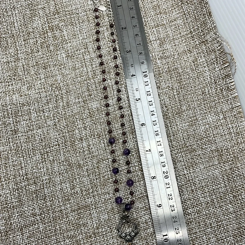 Vintage ✨ Sterling Silver Beaded Adjustable Necklace with Marcasite Pendant 💎 - Picture 11 of 14